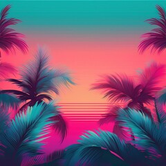 colorful tropical 90s 80s style palm tree jungle background texture with pink turquoise gradient