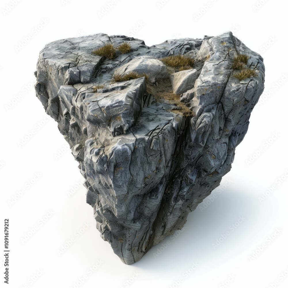 Poster large, textured rock with patches of grass is floating in a white background, creating a sense of is