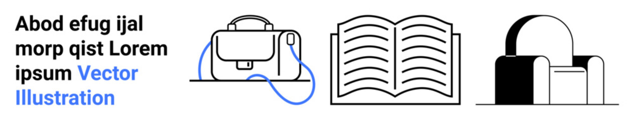 Backpack, open book, and chair icons with blue text. Ideal for education, office, workplace, study materials, e-learning, reading resources, and webinars. Landing page