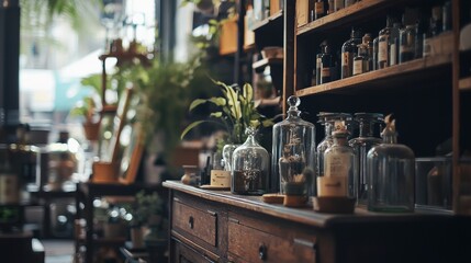Naklejka premium Vintage Apothecary Interior with Jars, Plants, and Wooden Shelves
