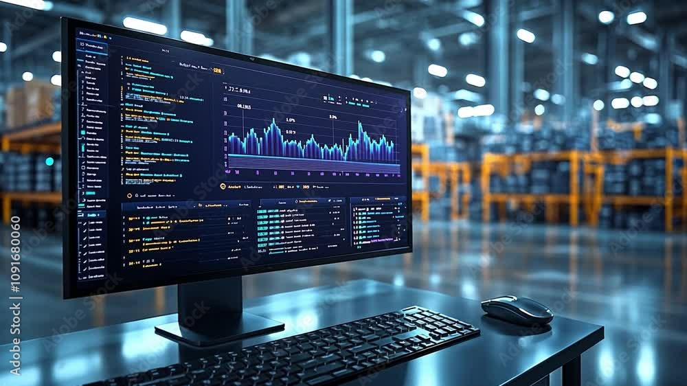 Aufkleber data analysis in a modern warehouse setting with advanced technology and stock management systems