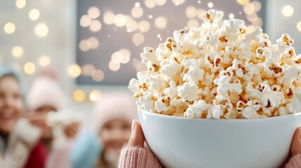 A cozy family movie night scene with a big bowl of freshly popped popcorn in the center, with everyone smiling and reaching in for handfuls