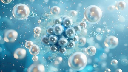 Dusty blue backdrop, central collection of pearl blue pearls, encircled by light blue glitter, with flying bubbles designed for an elegant desktop background