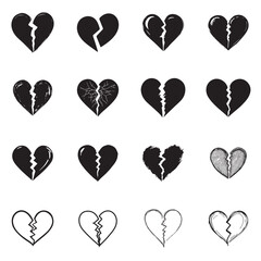Collection of different black  hand drawn broken heart illustration, Hand drawn hearts.Vector symbol icon set