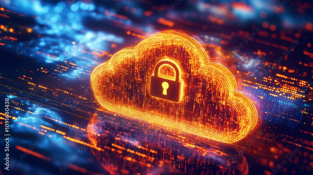 Poster a glowing, orange, cloud-shaped digital icon sits on a field of blue and orange digital lines. a pad