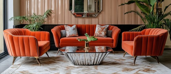 Burnt orange velvet sofa and armchairs in a modern living room with a geometric patterned rug.