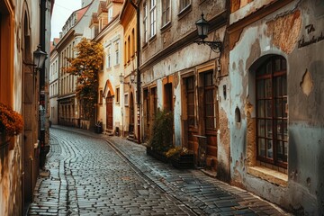 Fototapeta premium A narrow, cobblestone street winds through a quaint European town, featuring colorful buildings, old lamps, and hints of autumn foliage against a cloudy sky.