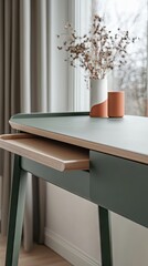 Modern Green Desk with Wooden Drawer - Home Office Decor