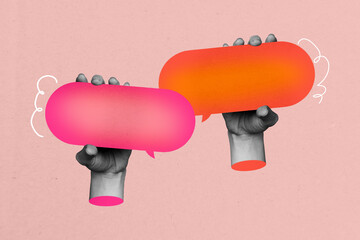 Creative retro 3d magazine collage image of hands hold bubble communication colorful speech cloud...