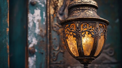 Antique Ornate Lantern Illuminates Aged Door