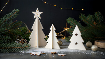 miniature festive wooden Christmas trees with lights on the table, dark background