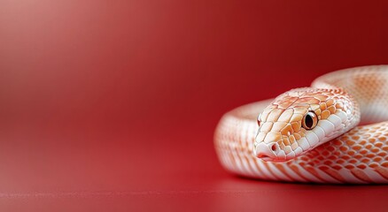 Fototapeta premium Colorful snake curled on a vivid red background creating a striking visual effect