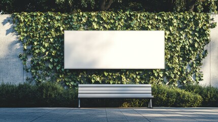 Blank billboard surrounded by lush greenery and a wooden bench in a quiet park