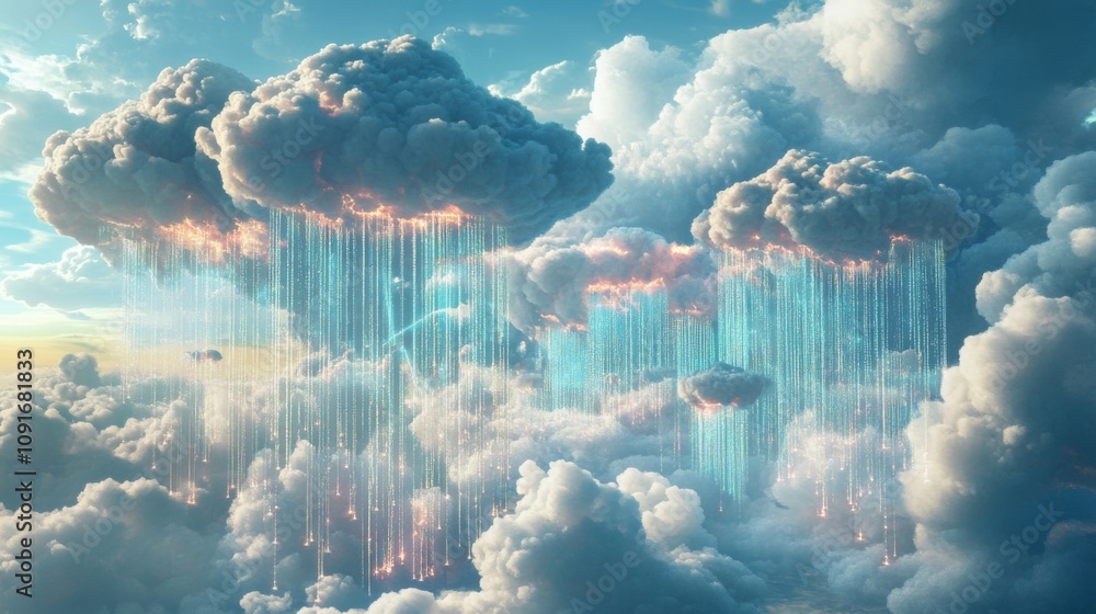 Poster A beautiful display of clouds in vibrant hues features colorful rain pouring down at sunset. The scene captures the interplay of light and water, creating an enchanting atmosphere of nature's beauty.