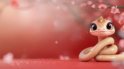 Charming cartoon snake with big eyes and a crown in a cherry blossom setting