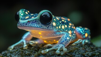 Fototapeta premium A vibrant, luminescent frog resting on a mossy surface, showcasing intricate patterns and colors.