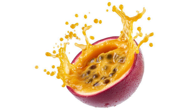 Fresh Passion fruit half exploding with splash and wavy motion showing seeds and tropical essence isolated on background.