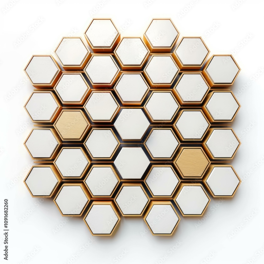 Poster 3d rendering of a set of white hexagons with two golden ones, all with golden borders