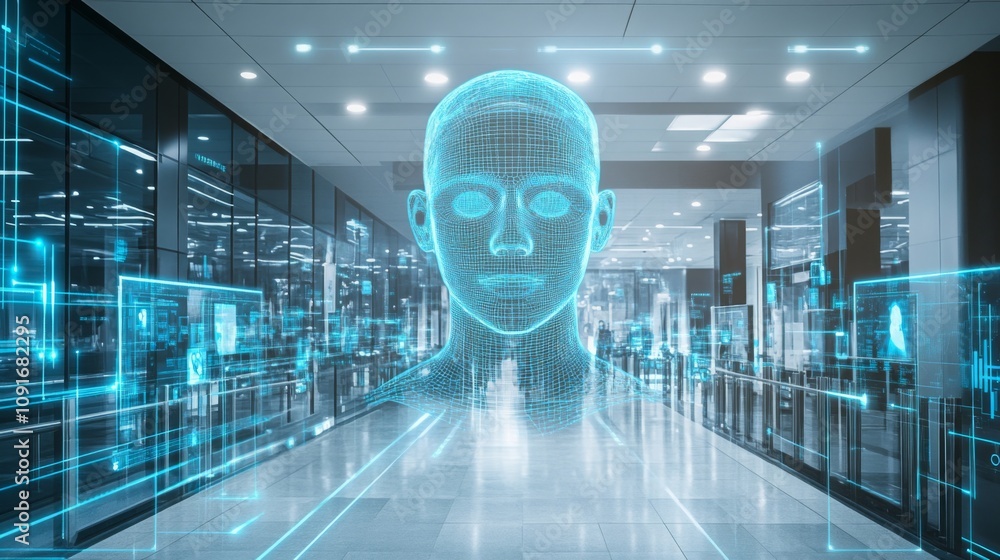 Aufkleber A large digital face is projected in a sleek urban setting. The transparent design highlights the intersection of technology and architecture, creating a futuristic atmosphere that invites curiosity.