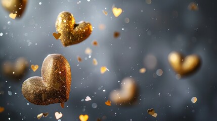 Elegant charcoal grey backdrop with falling golden hearts, subtle gold glitter for a lavish Women's Day celebration