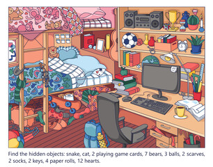 Find hidden objects in the picture. Teenager room interior with furniture and home objects. Cozy children room. Linear sketch vector illustration.