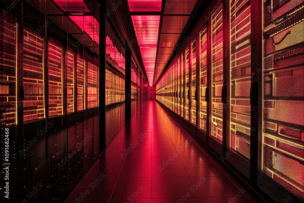 Poster the corridor features rows of data servers illuminated in warm red and orange hues. this high-tech f