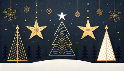 golden stars and christmas trees on dark background, holiday illustration