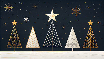 minimalistic christmas trees and stars on dark backdrop, festive illustration