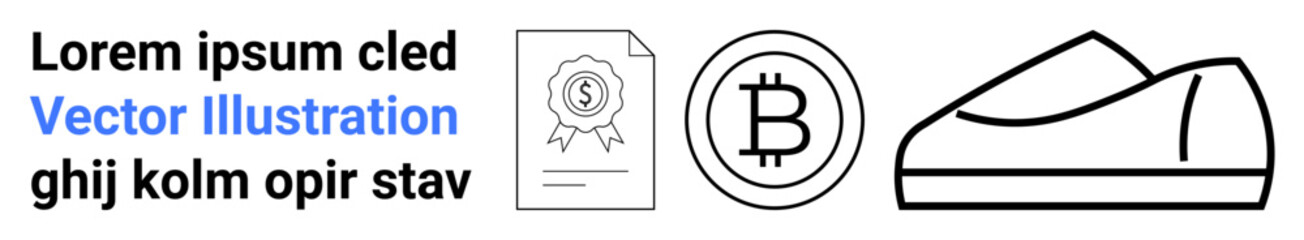 Certificate with ribbon, Bitcoin coin symbol, minimalist shoe outline, and placeholder text. Ideal for finance, cryptocurrency, business, certification, digital assets, e-commerce, and modern design