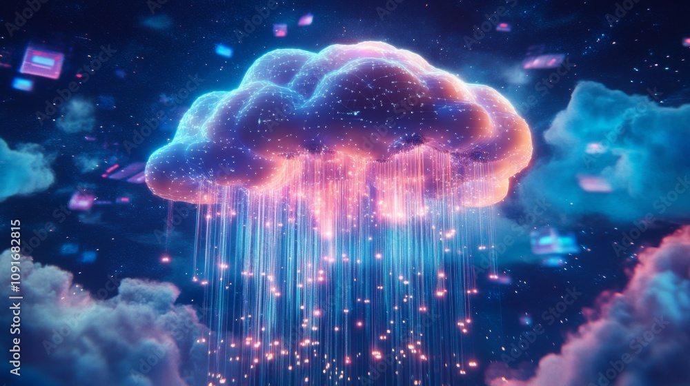 Aufkleber A colorful digital cloud releases streams of data droplets, illuminating the dark sky filled with stars and floating particles.
