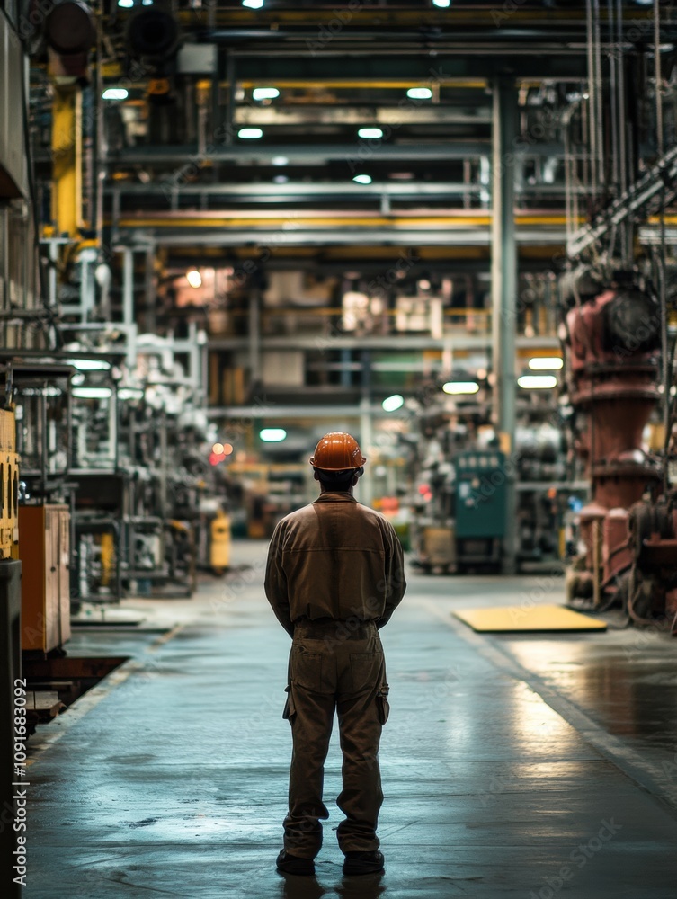Leinwandbilder an engineer stands calmly in a large industrial factory, observing the complex machinery and operati