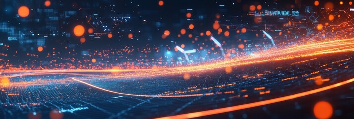 Obraz premium Futuristic digital landscape with glowing lines and particles in a high tech environment