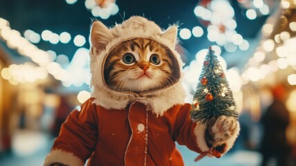 Adorable cat wearing santa claus costume holding christmas tree at christmas market