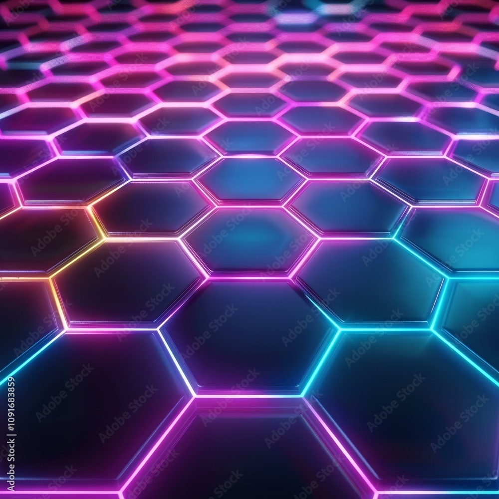 Poster 3d rendering of a futuristic neon floor made of hexagon tiles glowing in multiple colors