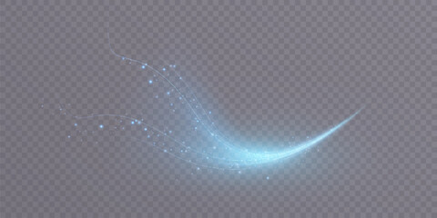 Magical glow. The light effect sparkles in a curved path, sparkling with a shiny magical textured shimmer. Glowing wave of stardust, shiny sparkle magical starlight, isolated set for vector illustrati