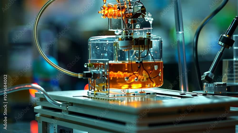 Poster a close-up view of a nanotech experiment in progress, showcasing the potential to transform everyday