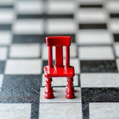 A tiny red king's chair sits on a chessboard.  This shows business strategy and competition.