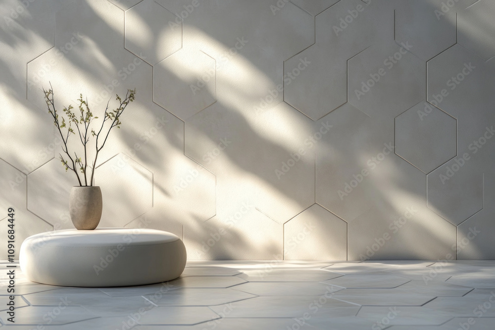 Poster sunlight streams through a window illuminating a minimalist geometric room with a small vase of bran