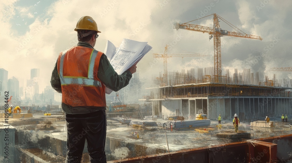 Poster engineer stands on a construction site inspecting blueprints as cranes and workers busy themselves i
