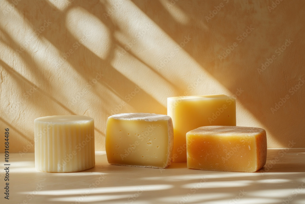 Poster sunlight streams through a window illuminating four artisanal cheeses arranged on a neutral surface