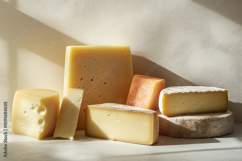 Poster sunlight streams through a window illuminating a collection of artisanal cheeses arranged on a simpl