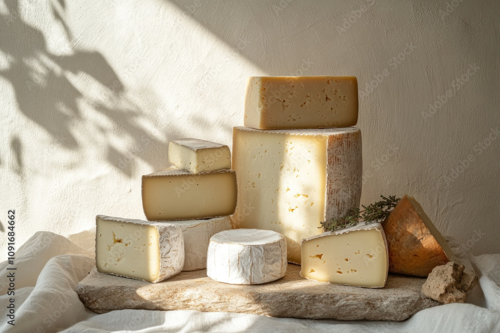 Poster sunlight streams through a window illuminating a rustic still life of artisanal cheeses arranged on 