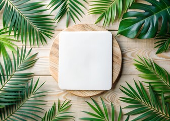 Tropical-themed square blank coaster mockup with green leaves on a wooden surface. Perfect for branding, eco-friendly designs, or showcasing tropical-inspired artwork.