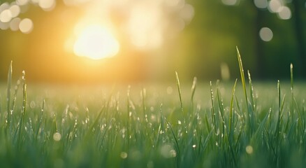 Obraz premium Sunlight illuminating dewy grass in a tranquil morning landscape scene