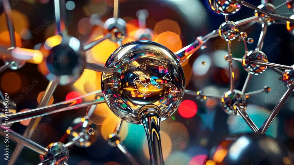 Poster a close-up view of a metallic molecular model, highlighting the intricate details of its structure, 