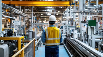 An engineer assesses the workflow in an industrial factory, wearing a safety vest and helmet, amidst machines and equipment. Generative AI