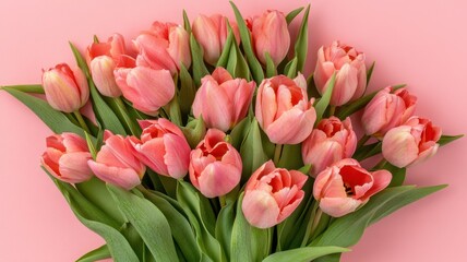 Obraz premium Pink tulips creating a beautiful border on pastel pink background