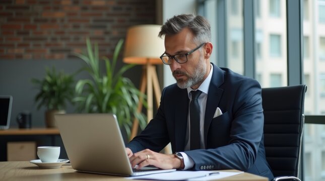 Busy serious middle aged professional business man financial investor, 50 year old senior businessman executive wearing suit using laptop computer working on investment project sitting at office desk.