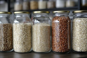 Variety of grains and seeds in glass jars for healthy food storage and kitchen organization