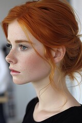 Portrait of a woman with striking red hair and freckles, showcasing her profile in a serene indoor setting with soft lighting